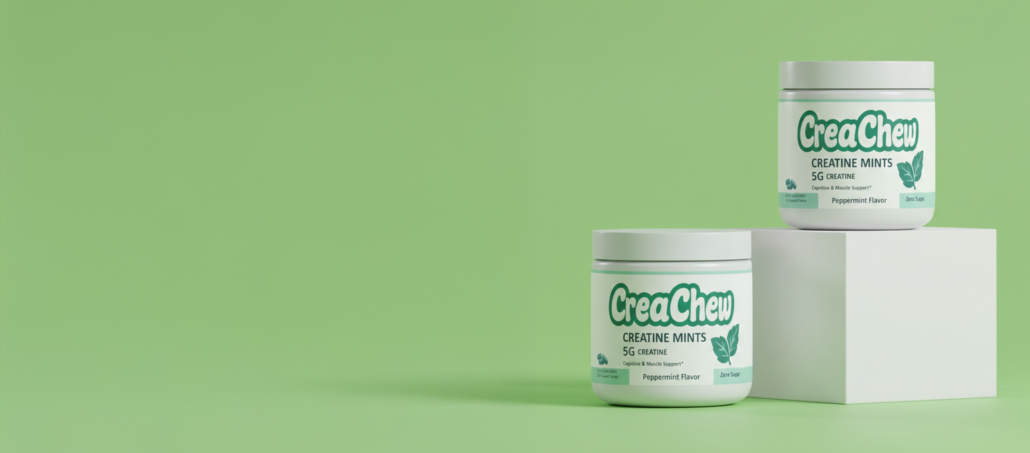 Two containers of CreaChew on a green background